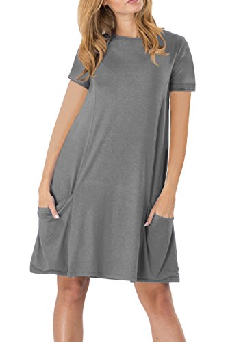 Yming Damen Kleid für Frühling Herbst Casual Blusenkeid Lose Kurzarm Tunika mit Taschen Dunkelgrau XL/DE 42-44 von Yming