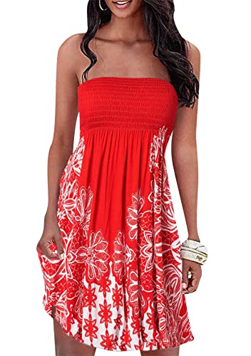 Yming Damen Knielang Elegantes Kleid Tube Sonnenkleid Casual Beach Cover Ups Kleider Trägerlos Sommerkleid Rot M von Yming