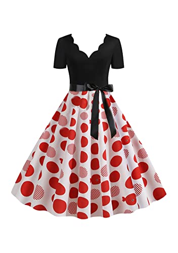 Yming Damen Knielanges Swingkleid Audrey Hepburn Kleider Vintage Sommerkleid Kurzarm Midikleider Rote Punkte L von Yming