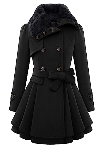 Yming Damen Künstliche Wollmischung Jacke Winter Langarm Breasted Trenchcoat mit Gürtel Schwarz XXS von Yming