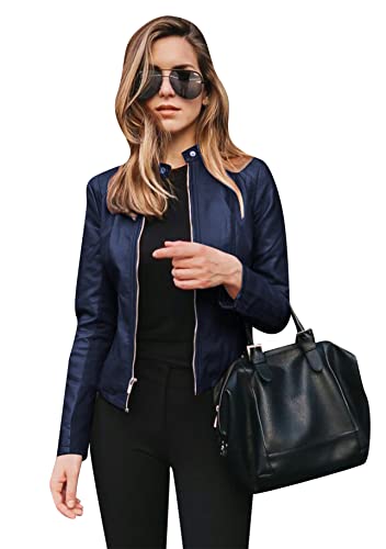 Yming Damen Kunstleder Langarm Jacken Gesteppt Moto Outwear Schlank Revers Mäntel Marineblau S von Yming