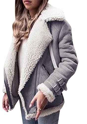 Yming Damen Kunstpelz Vintage Jacken Lässig Wildleder Lässig Lambswool Biker Jacke Grau XS von Yming