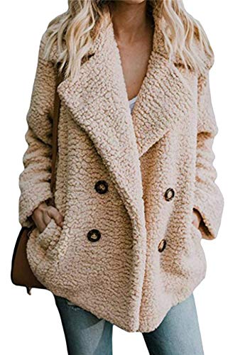 Yming Damen Kunstpelzmantel Faux Fleece Cardigan Warmer Zweireihig Jacke Langarm Mantel Beige XL von Yming