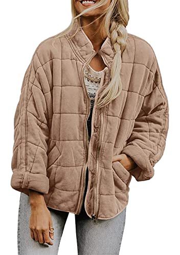 Yming Frauen Kurze Einfarbige Baumwolle-wattierte Jacke Reißverschluss Winter gesteppte warme Mantel mit Taschen Lose Jacke Khaki L von Yming