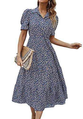 Yming Damen Kurzarm Blumenkleid mit Knopf V-Ausschnitt Hemdkleider Swing Midkleider Blau L von Yming