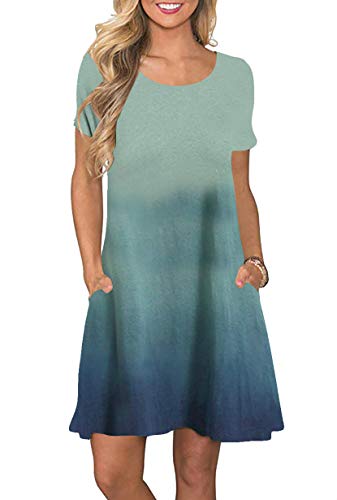 Yming Damen Kurzarm Freizeitkleid Farbverlauf Kleid Rundhals Casual Sommerkleid mit Taschen JB-Armeegrün XL/DE 42 von Yming