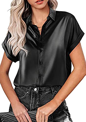 Yming Damen Kurzarm Hemden Button Down Seide Hemden Casual Business Hemd Elegant Satin Tops Schwarz L von Yming
