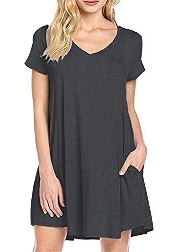 Yming Damen Kurzarm Kleid Elegantes Longshirt Kleid V-Ausschnitt Kleider Dunkelgrau M von Yming