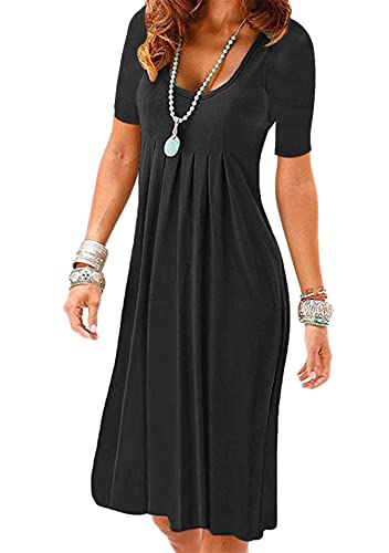 Yming Damen Kurzarm Kleid Lässig Rundhals Kleid Einfarbig Sommerkleid Schwarz XXL von Yming