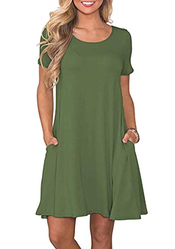 Yming Damen Kurzarm Kleid Lose T-Shirt Kleid Rundhals Kleid mit Taschen Mini Kleid Armeegrün 4XL von Yming