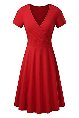 Yming Damen Kurzarm Kleid Vintage Sommerkleid V-Ausschnitt Kleider Rot XXL von Yming