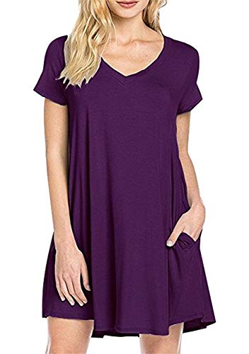 Yming Damen Kurzarm Longshirt Kleid Lose Kleid Einfach V-Ausschnitt Kleid Lila XL von Yming