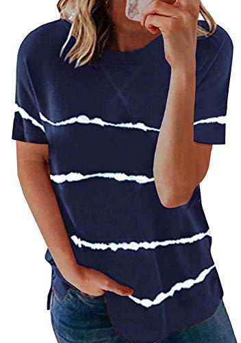 Yming Damen Kurzarm Shirt Basic Rundhals Shirt Streifen Bedrucktes Sommer T-Shirt Navy Blau M von Yming