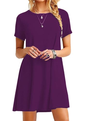 Yming Frauen Kurzarm T-Shirt mit Rundhalsausschnitt Lässige Tunika Oberteile Locker geschnittenes Swing Kleid Violett M von Yming