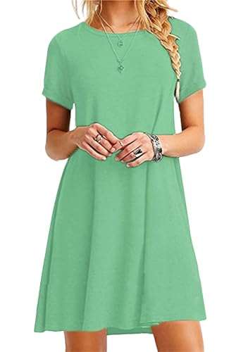 Yming Frauen Kurzarm T-Shirt mit rundem Hals Minikleid lässige Tunika Oberteile locker sitzendes Swing Kleid Hell Grün M von Yming