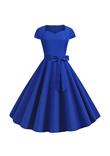Yming Damen Kurzarm Vintage Kleid Slim Fit Kleid Trapez Cocktail Sommerkleid Königsblau L von Yming