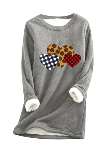 Yming Damen Lässig Herz Print Sweatshirt Rundhalsausschnitt Langarm Pullover Fleece Plüsch Top Dunkelgrau M von Yming
