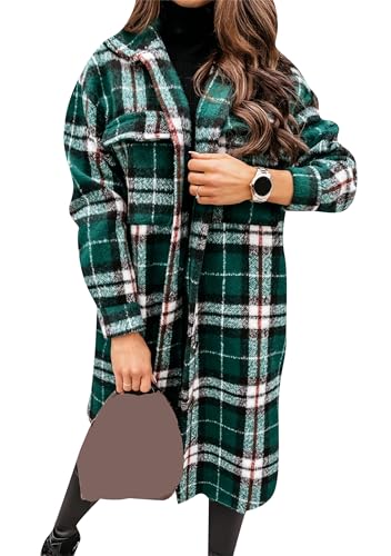 Yming Damen Lässig Kariert Plus Größe Tartan Mit Tasche Lose Revers Knopf Jacke Flanellhemd Grün XL von Yming
