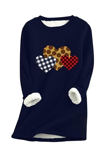 Yming Damen Lässig Langarm Loungewear Fleece Gefüttert Plüsch Pullover Herz Print Pullover Marineblau S von Yming
