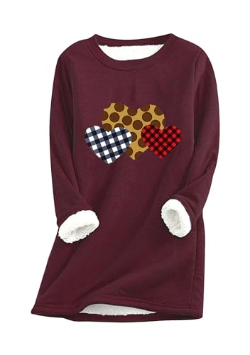 Yming Damen Lässig Plüsch Winer Warm Sweatshirt Fleece Gefüttert Passend Pullover Rundhalsausschnitt Top Weinrot S von Yming