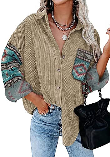 Yming Cord Casual Bluse für Frauen Langarm Shirts Loose Fit Cardigans mit Taschen Khaki M von Yming