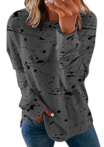 Yming Damen Lässige Langarm Bluse Rundhals Sweatshirt Splash-Tintendruck Oberteil Dunkelgrau XXL von Yming