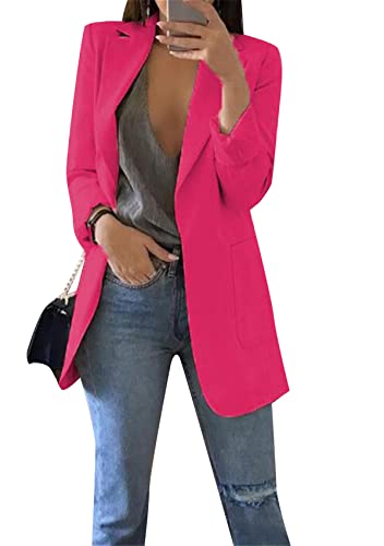 Yming Damen Langarm Blazer Jacke Büro Locker Leicht Strickjacke Business Ohne Knopf Rose Rot 4XL von Yming