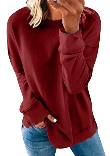 Yming Damen Langarm Bluse Baggy Rundausschnitt Sweatshirt Einfarbig Frizeit Sweatshirt Bordeaux L von Yming