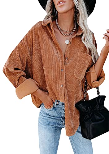 Yming Damen Cordhemd mit Revers Ärmel aufkrempeln Vintage Hemden Übergröße Bluse Orange XL von Yming