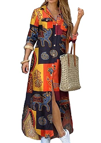 Yming Damen Langarm Casual Kleid Reverskleid mit Taschen Button Down Blusenkleid Gelb L von Yming