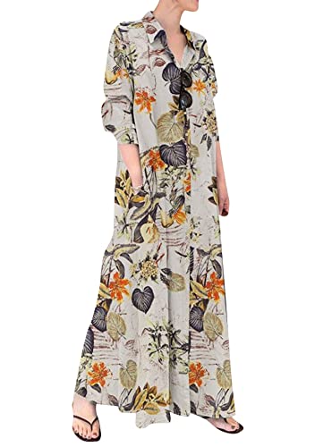 Yming Damen Langarm Hemden Kleid Casual V Ausschnitt Revers Kleid Button Down Hemdkleid Mit Taschen Blumen Aprikose 3XL von Yming