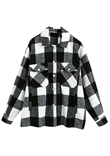 Yming Damen Langarm Karobluse Plaid Baggy Jacke Mode Boyfriend Freizeithemd F-Schwarz XS von Yming