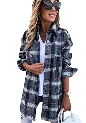 Yming Damen Langarm Karobluse Plaid Lang Kariert Jacke Mode Boyfriend Freizeithemd E-Grau S von Yming