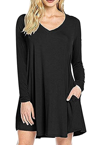 Yming Damen Langarm Kleid Casual V-Ausschnitt Kleid Plus Size Freizeitkleid Schwarz 4XL von Yming