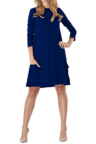 Yming Damen Langarm Kleid Lockeres Longshirt Basic kleids Loose Tunika T-Shirt Kleid Dunkel Blau L/DE 40-42 von Yming