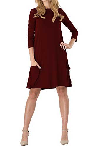 Yming Damen Langarm Kleid Rundhals Longshirt Loose Tunika T-Shirt Burgundy L/DE 40-42 von Yming