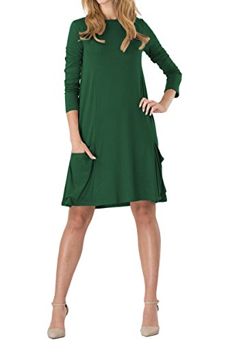Yming Damen Langarm Kleid mit Taschen Lose T-Shirt Kleid Rundhals Casual Mini Kleid Grün M/DE 38-40 von Yming
