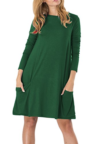 Yming Damen Langarm Kleid mit Taschen Lose T-Shirt Kleid Rundhals Casual Mini Kleid Grün M/DE 38-40 von Yming