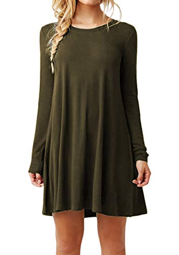 Yming Damen Langarm Kleid mit Rundhalsausschnitt Swing Saum Kleid Lose Casual Tunika Tops T-Shirt Kleid Army Grün XL von Yming