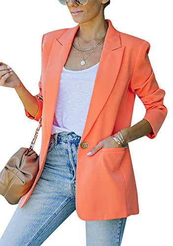 Yming Damen Langarm Knöpfe Cardigan Elegant Langarm Anzug Lange Vorne Offen Blazer Einfarbig Winter Anzug Orange XS von Yming