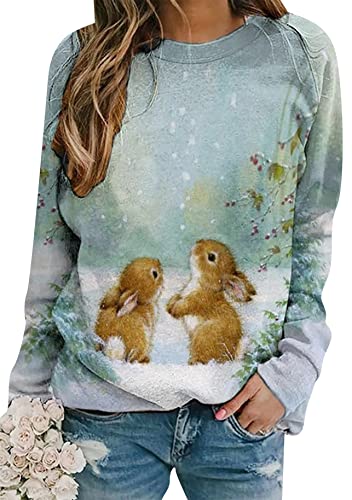 Yming Damen Langarm Ostern Sweatshirt Leichter Rundhals Pullover Kaninchen Grafik Sweatshirt Blau Grün 4XL von Yming