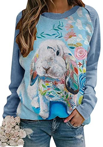 Yming Damen Langarm Osternhase Sweatshirts Lässige Rundhals Pullover Raglanärmel Sweatshirt Blau Hase 3XL von Yming