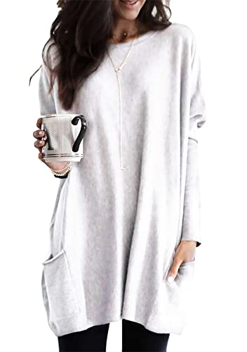 Yming Damen Langarm Pullover Casual Oversized Sweatshirts Kleid Rundhalsausschnitt Pullover Weiß L von Yming
