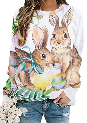 Yming Damen Langarm Pullover Hase Bedruckt Ostern Sweatshirts Rundhalsausschnitt Leichte Pullover Khaki Zwei Hasen L von Yming