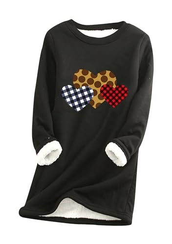 Yming Damen Lässig Fleece Gefüttert Sweatshirt Plüsch Pullover Heart Print Pullover Schwarz L von Yming