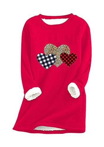 Yming Damen Langarm Pullover Herz Rundhals Sweatshirts Nachahmung Lammhaar Pullover Rot 3XL von Yming