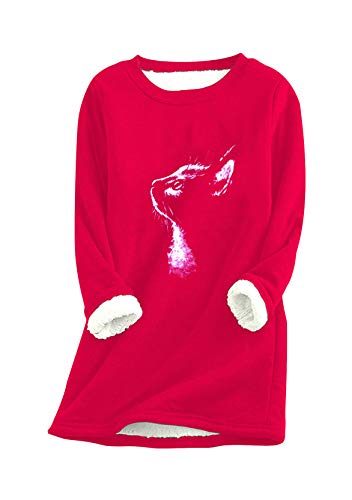 Yming Damen Langarm Pullover Katze Rundhals Sweatshirts Nachahmung Lammhaar Pullover M-Rot 3XL von Yming