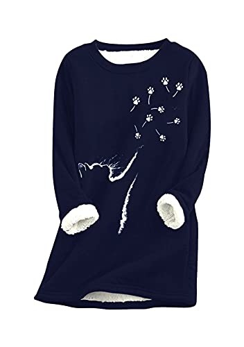 Yming Damen Langarm Pullover Katzenpfote Langarm Pulli Teddy Fleece Sweatshirts O-Ausschnitt Pulli MZ-Navy Blau XL von Yming