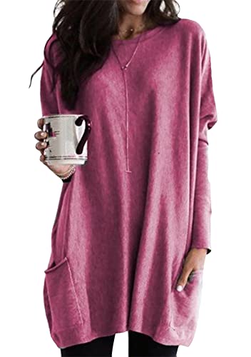 Yming Damen Langarm Shirt Rundhalsausschnitt Sweatshirt Lässig Einfarbig Pullover Rose S von Yming