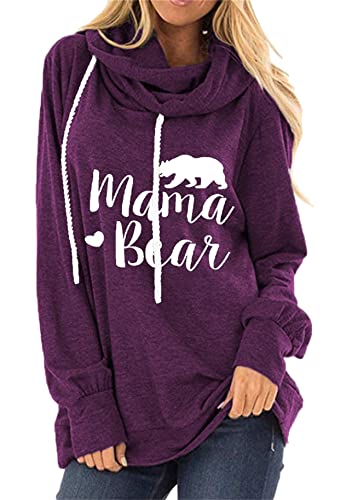 Yming Damen Langarm Sweatshirt Mama Bär Druck Sport Kapuzenpullover Casual Rundhalsausschnitt Pullover Mit Kapuze Lila M von Yming